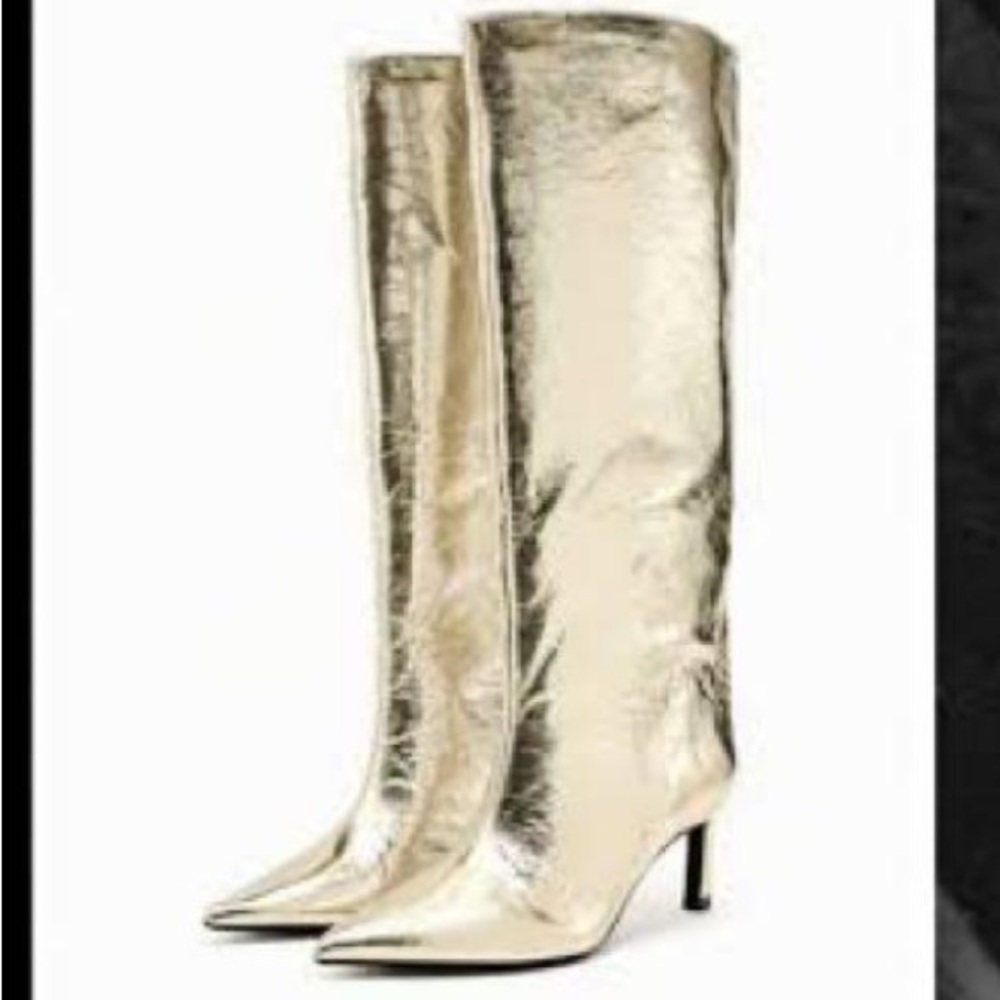 Zara NWT golden metallic high heel knee high boot